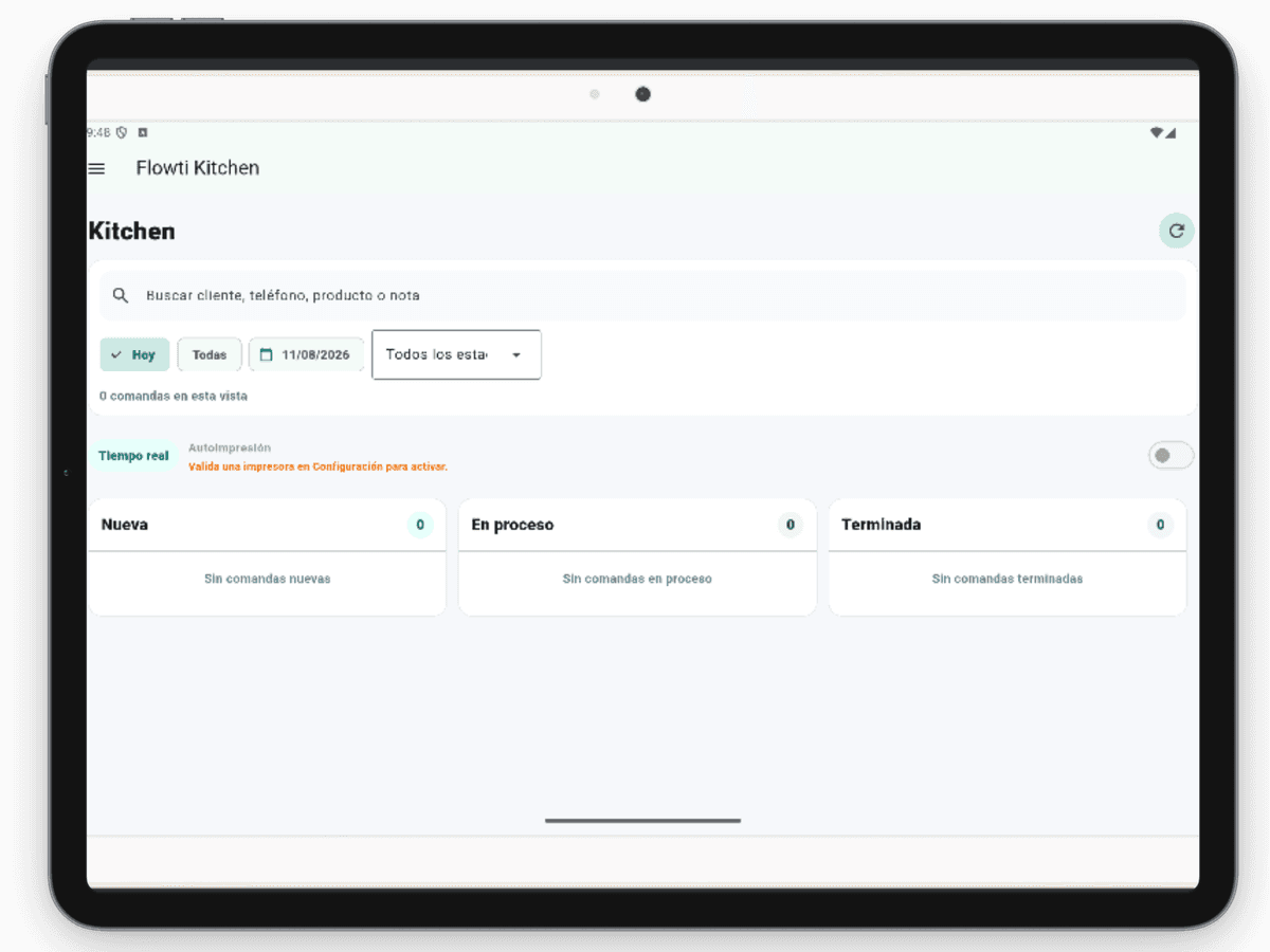 Aplicación Flowti Kitchen en tablet con tablero de comandas