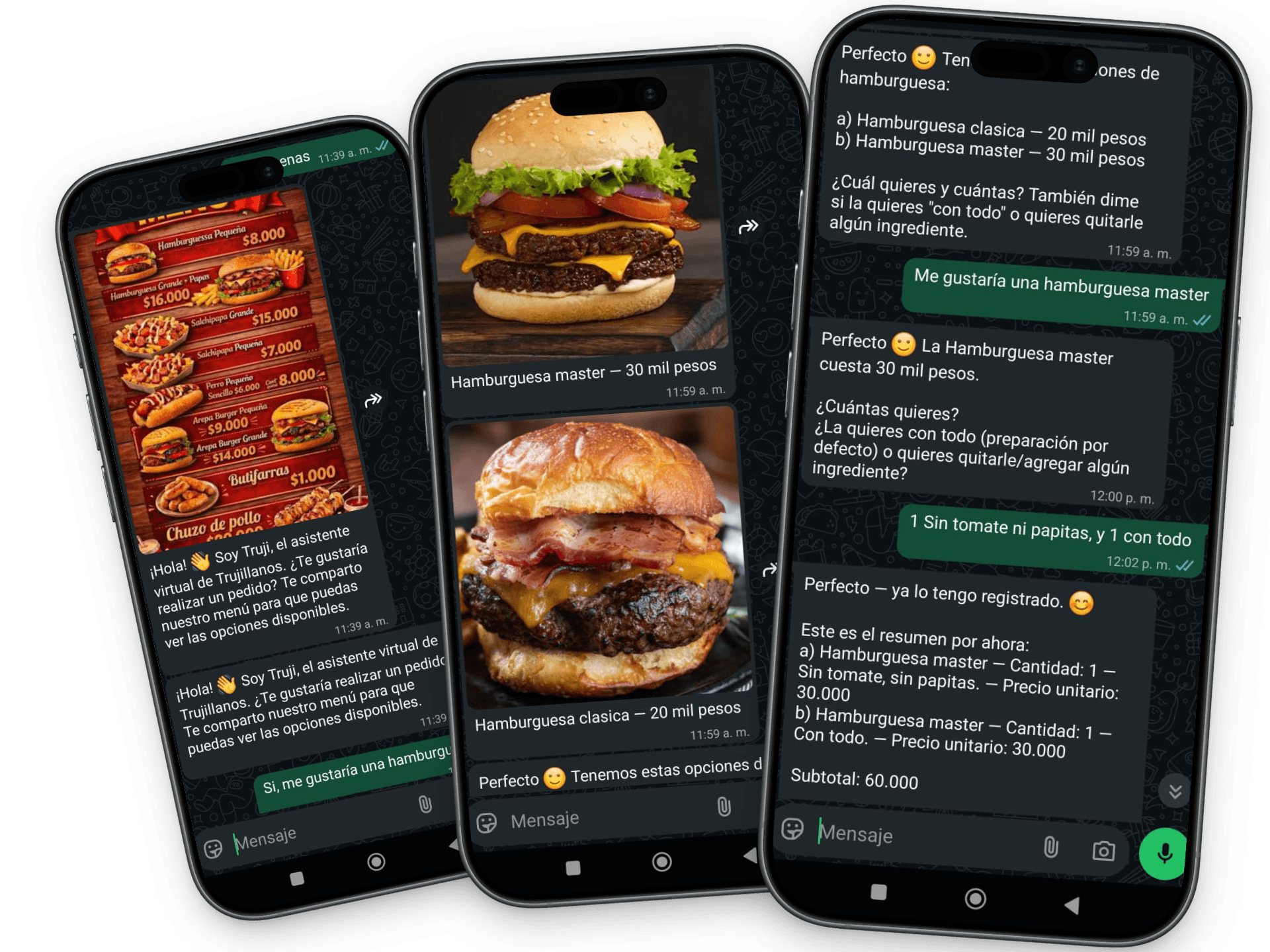 Conversación de WhatsApp para pedidos de restaurante conectada con Flowti Kitchen