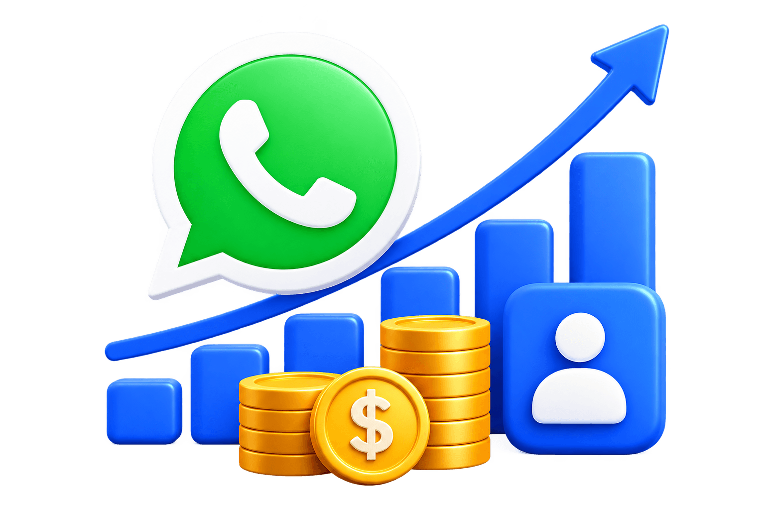 WhatsApp growth chart and coins representing revenue opportunities for Flowti partners